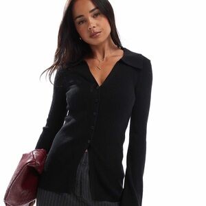 ASOS Black Ribbed Button-Up Long Sleeve Top